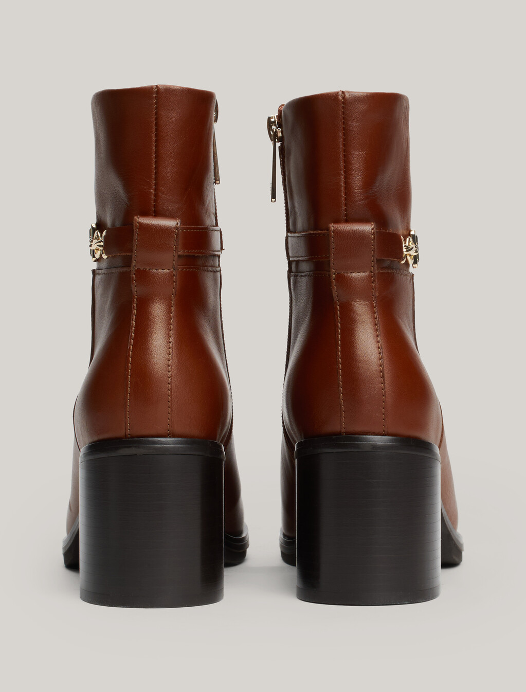 Leather Chain Hardware Block Heel Boots, Cognac Brown, hi-res
