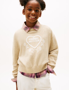 Intarsia Jacquard Heart Logo Relaxed Jumper, Malted Milk Heather, hi-res