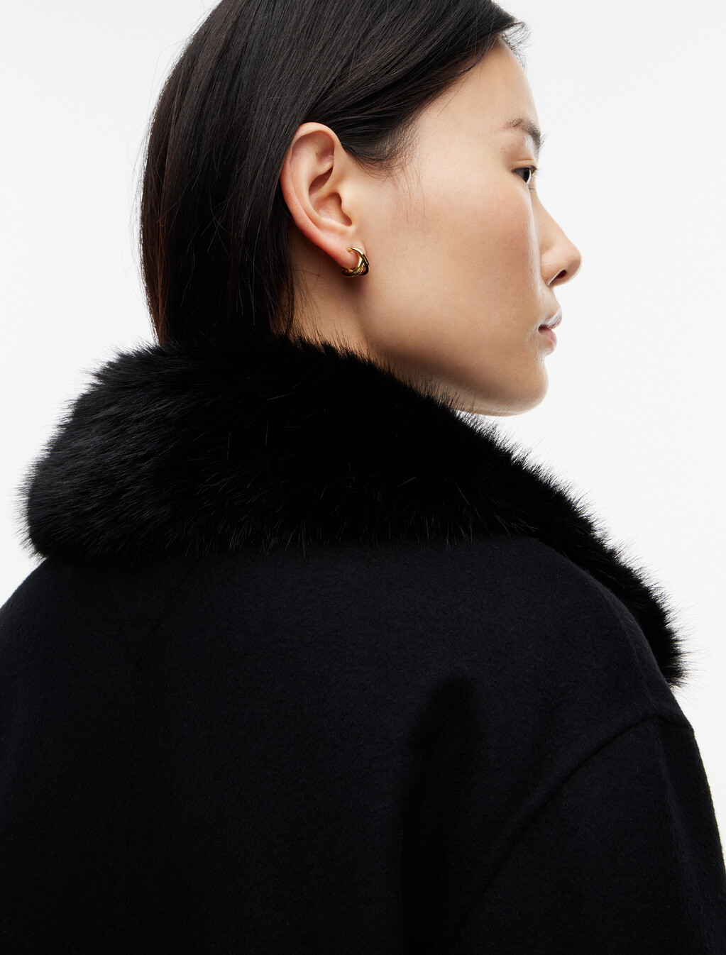 Faux Fur Collar Wool Blend Jacket, Black, hi-res