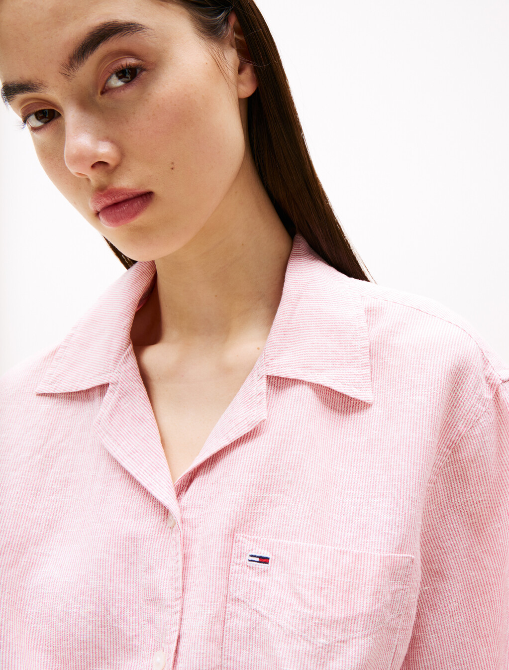 Cropped Cotton Linen Shirt, Precious Pink/Stripe, hi-res
