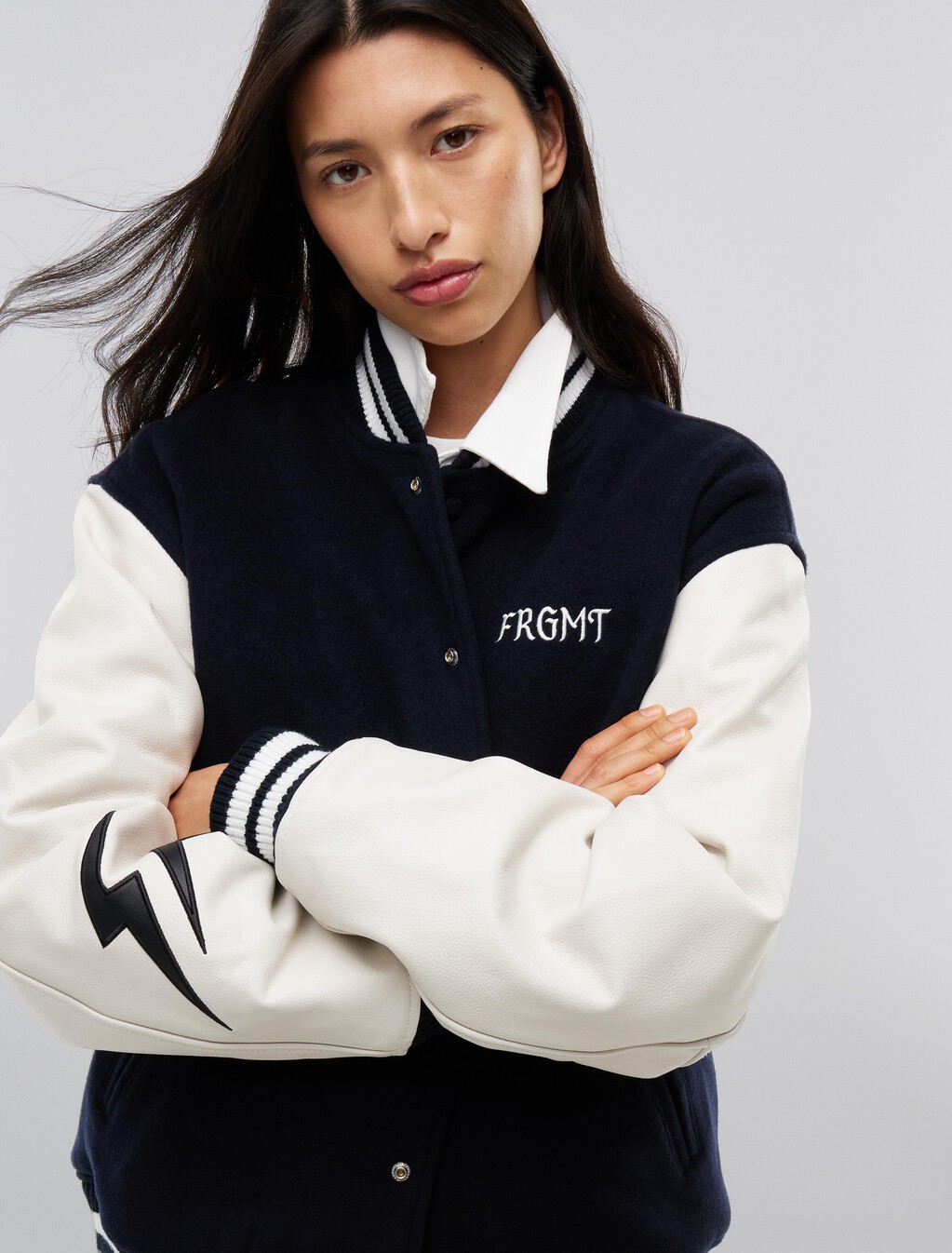Tommy Hilfiger x FRGMT Pebble Grain Leather Varsity Jacket, Navy Blue / Ecru, hi-res