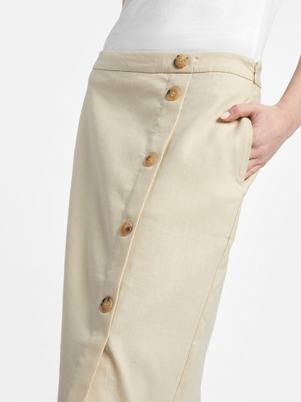 Stretch Linen Knee Length Skirt, Light Sandalwood, hi-res