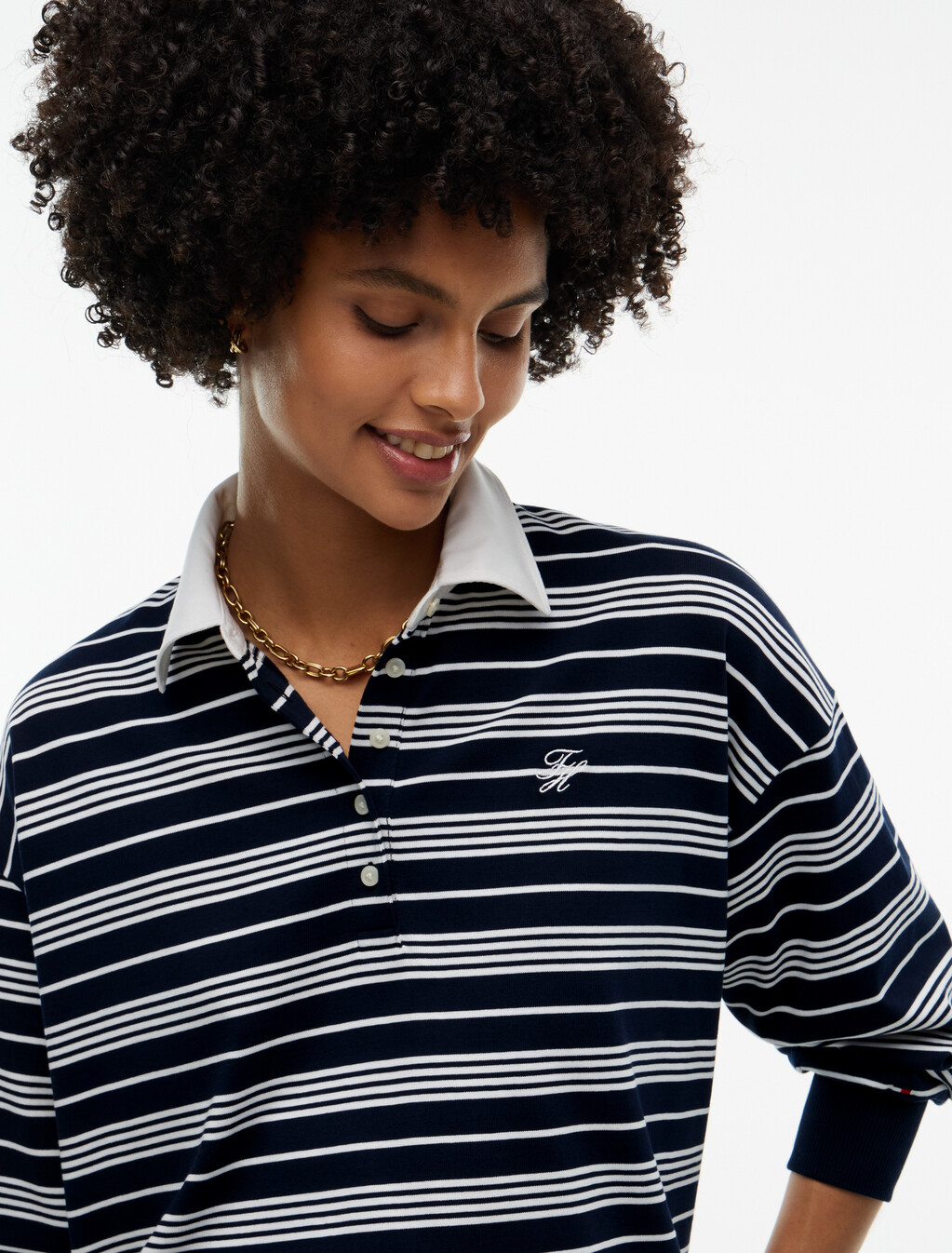 Rugby Stripe Relaxed Polo Sweatshirt, Broken Stripe Dark Blue / Ecru, hi-res