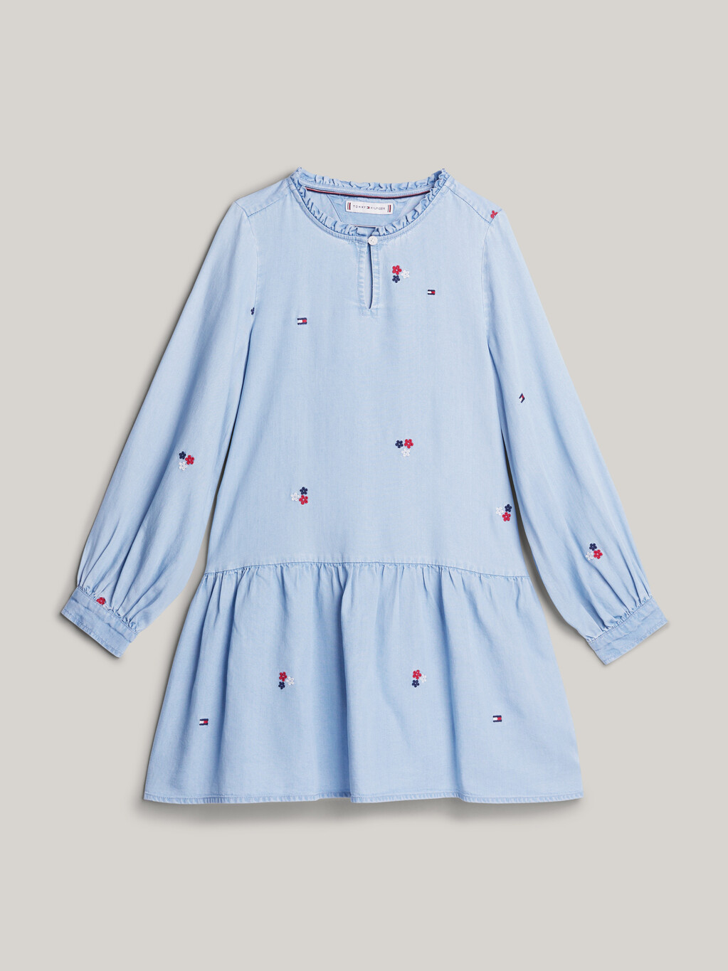 Floral Embroidery Fit And Flare Dress, Denim Medium, hi-res
