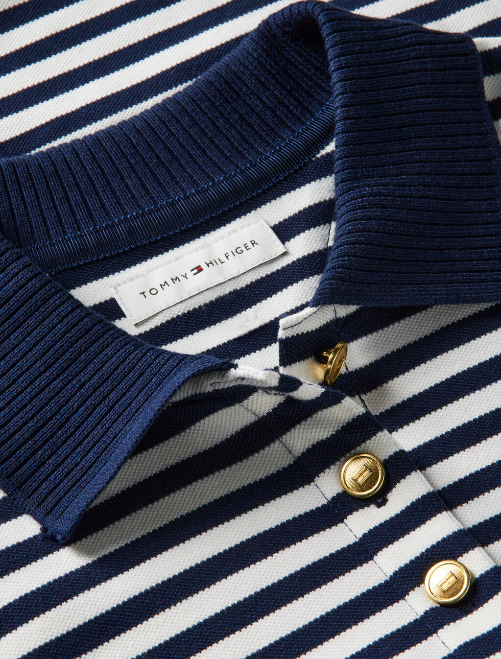Regular Fit Gold-Tone Button Polo Shirt, Breton Stripe Dark Night Navy/Ecru, hi-res