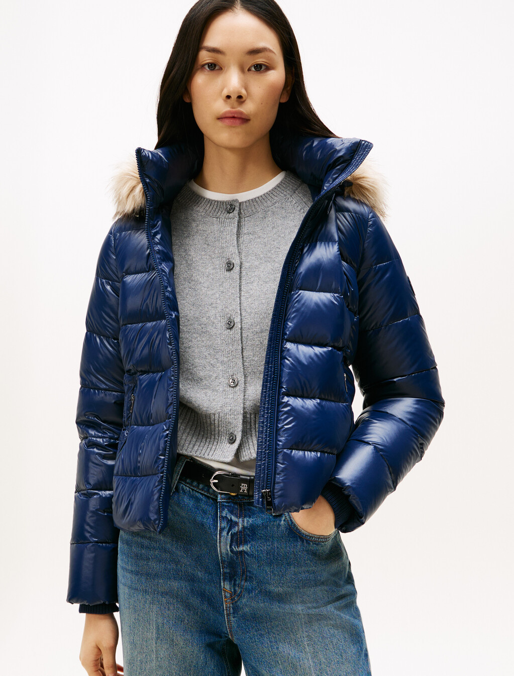 Shiny Water Repellent Down Hooded Jacket, Dark Night Navy, hi-res