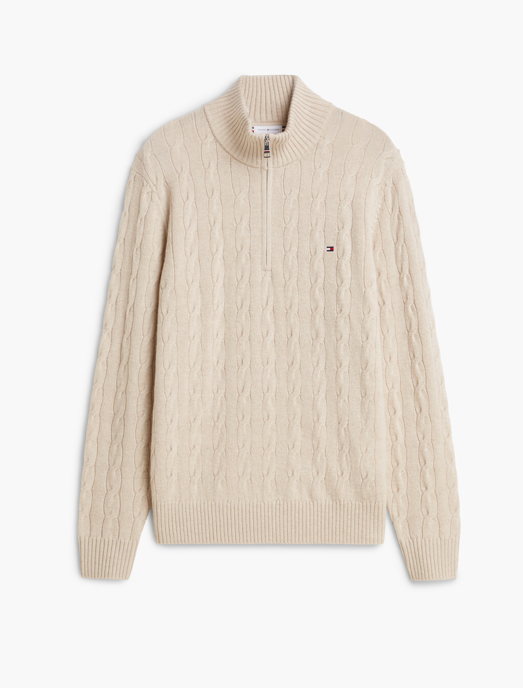 Pure Lambswool Cable Knit Quarter-Zip Jumper, Heathered Oatmilk, hi-res
