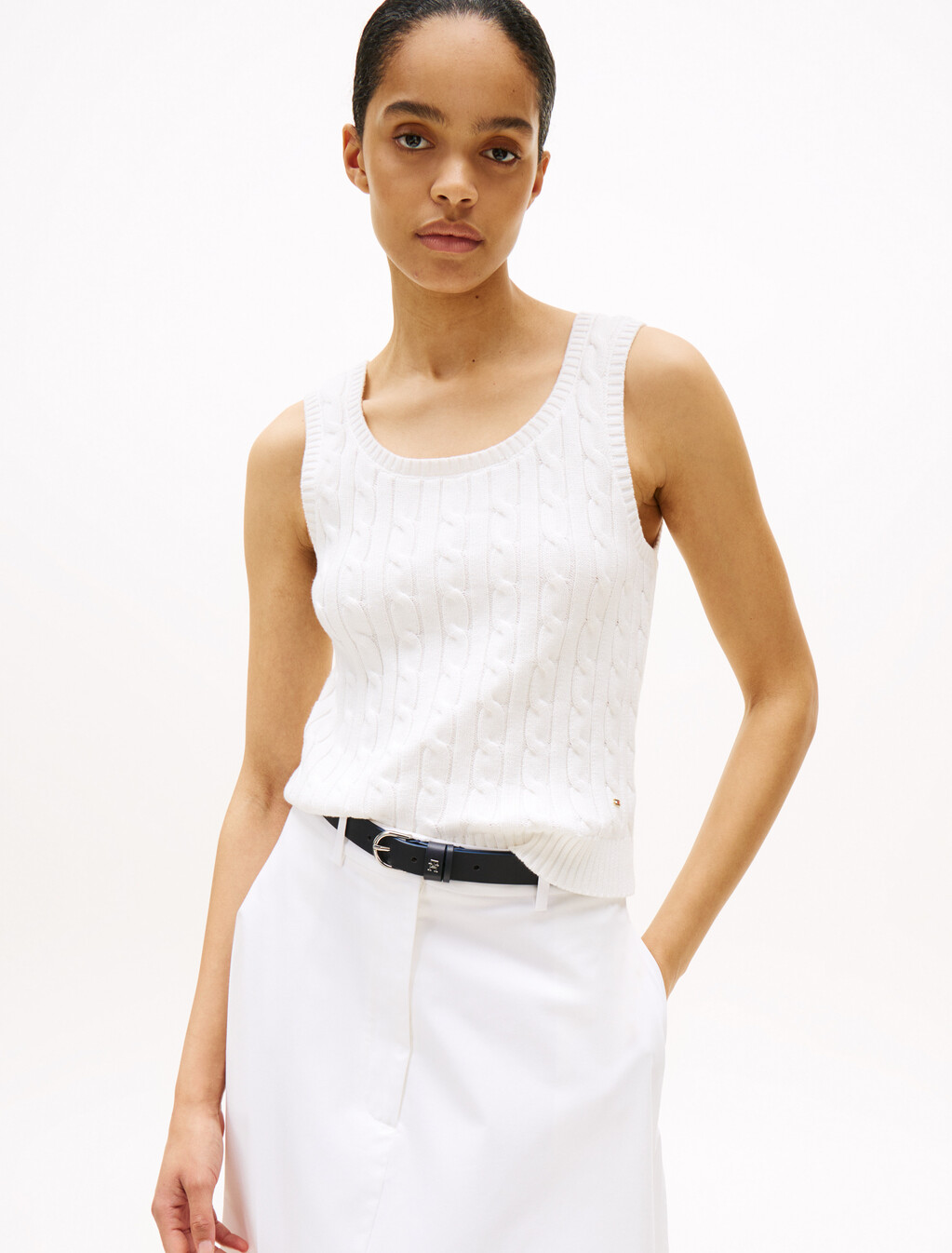 Cable Knit Sleeveless Sweater, Ecru, hi-res