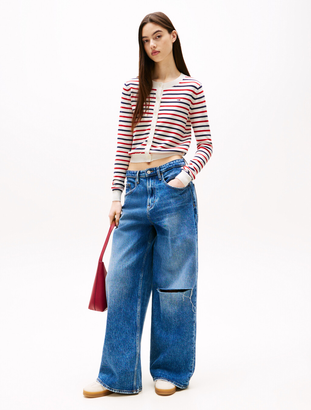 基本款圓領開襟外套, White / Red / Navy Stripe, hi-res