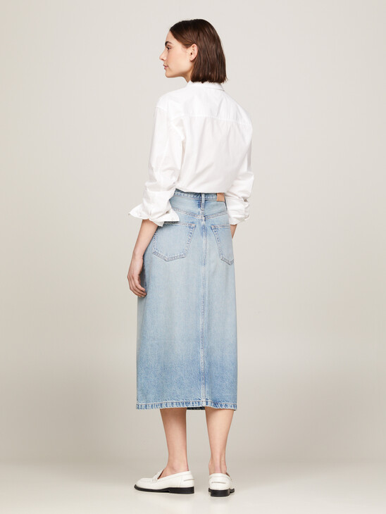 High Rise Straight Faded Denim Midi Skirt