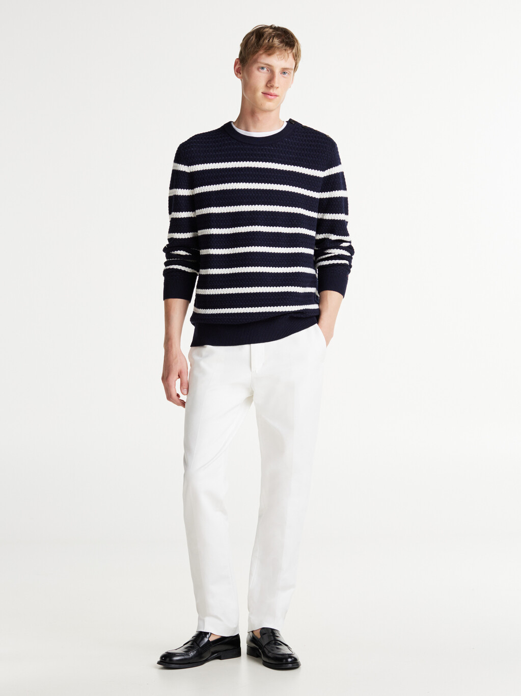 Smart Casual Stripe Wool Blend Jumper, Desert Sky/ Ivory, hi-res