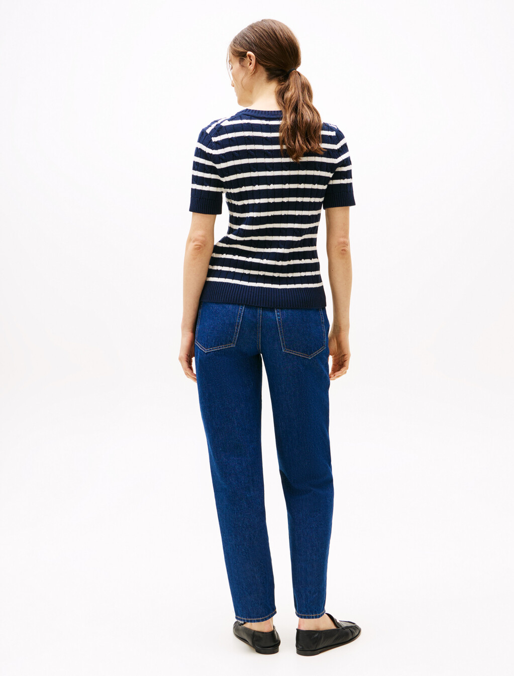Cable Knit Short Sleeve Jumper, Dark Night Navy/Ivory Petal Stp, hi-res