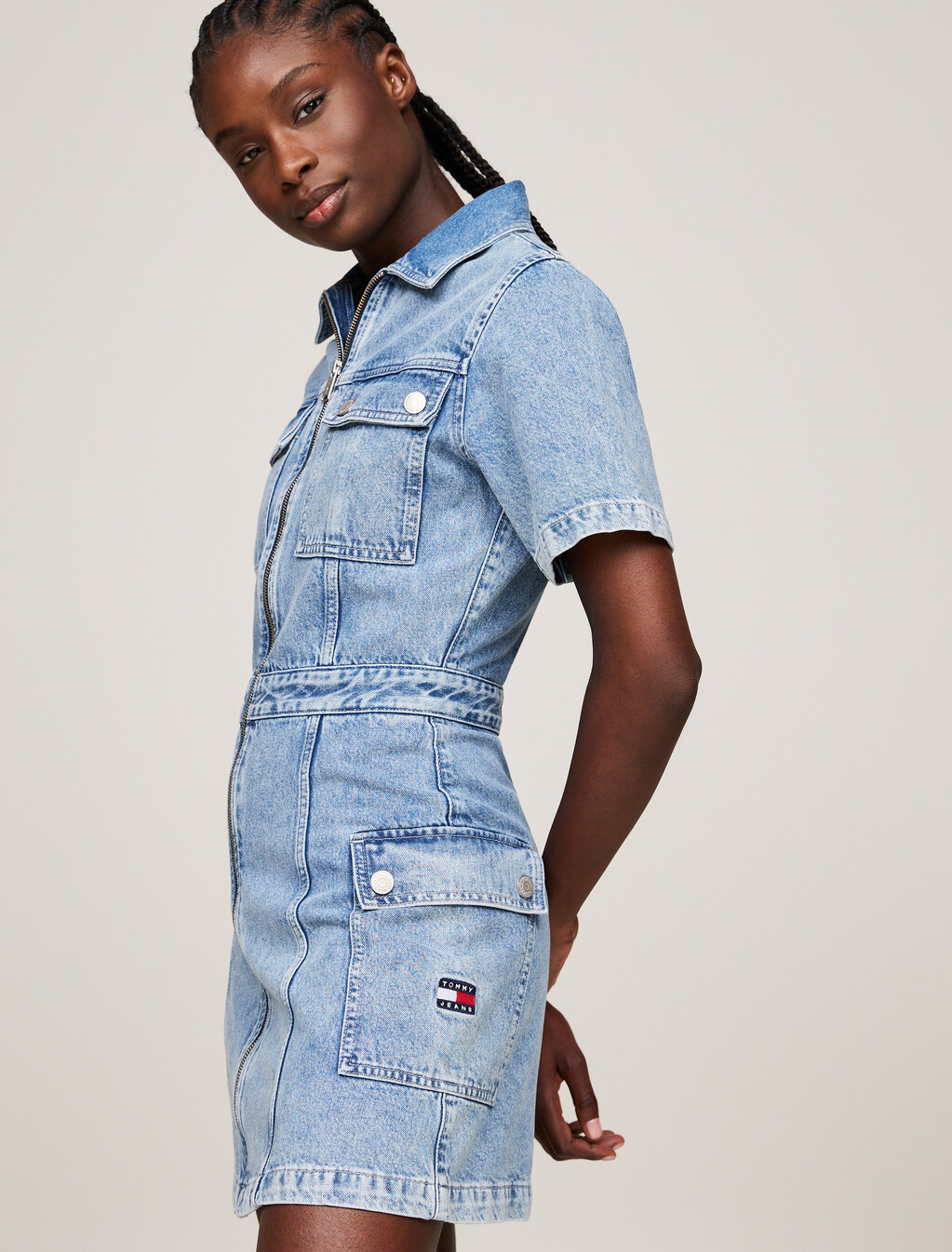 Zip-Thru Slim Denim Utility Mini Dress, Denim Medium, hi-res