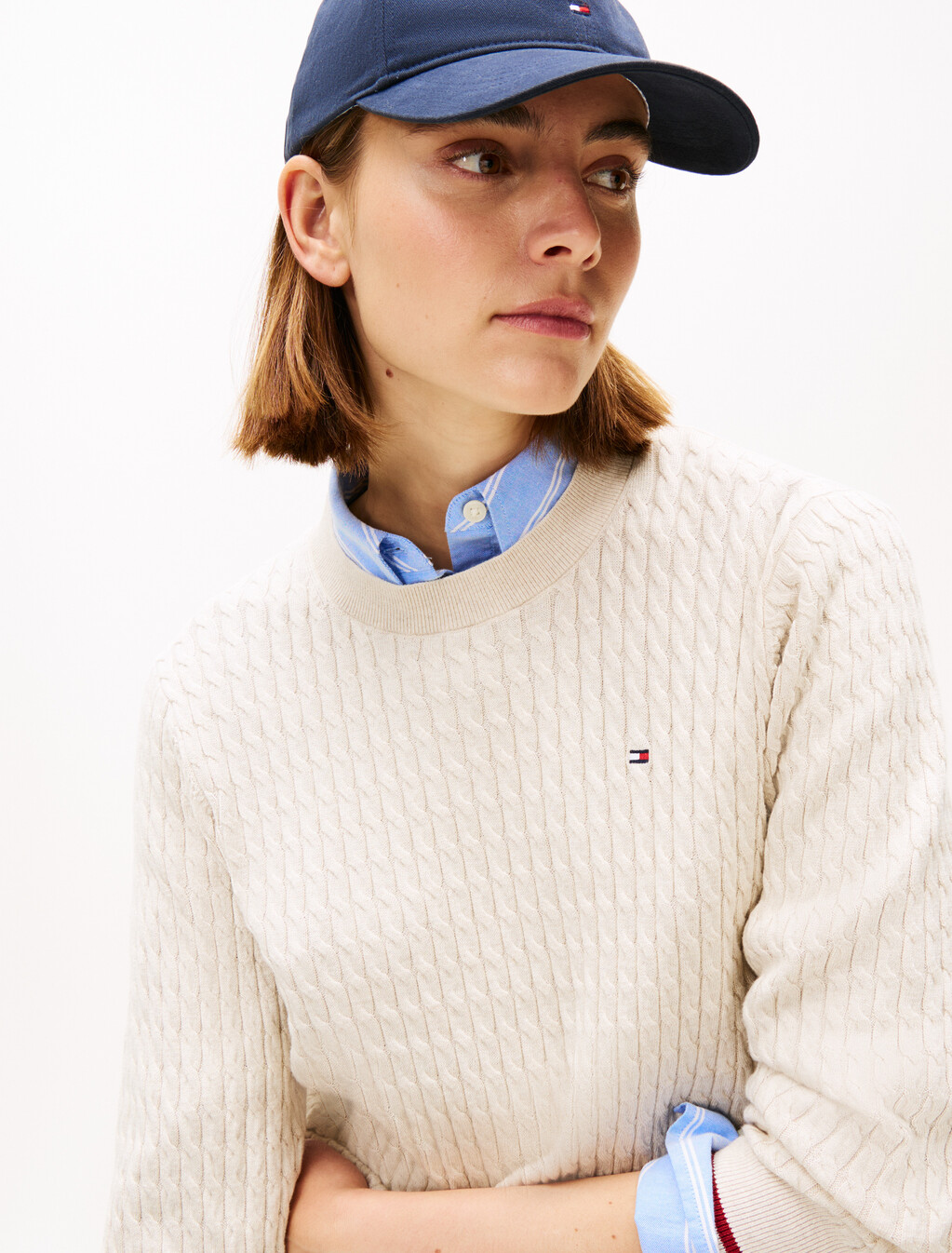 Fine Cable Knit Crew Neck Jumper, Htr Oatmeal Gs Tipping, hi-res