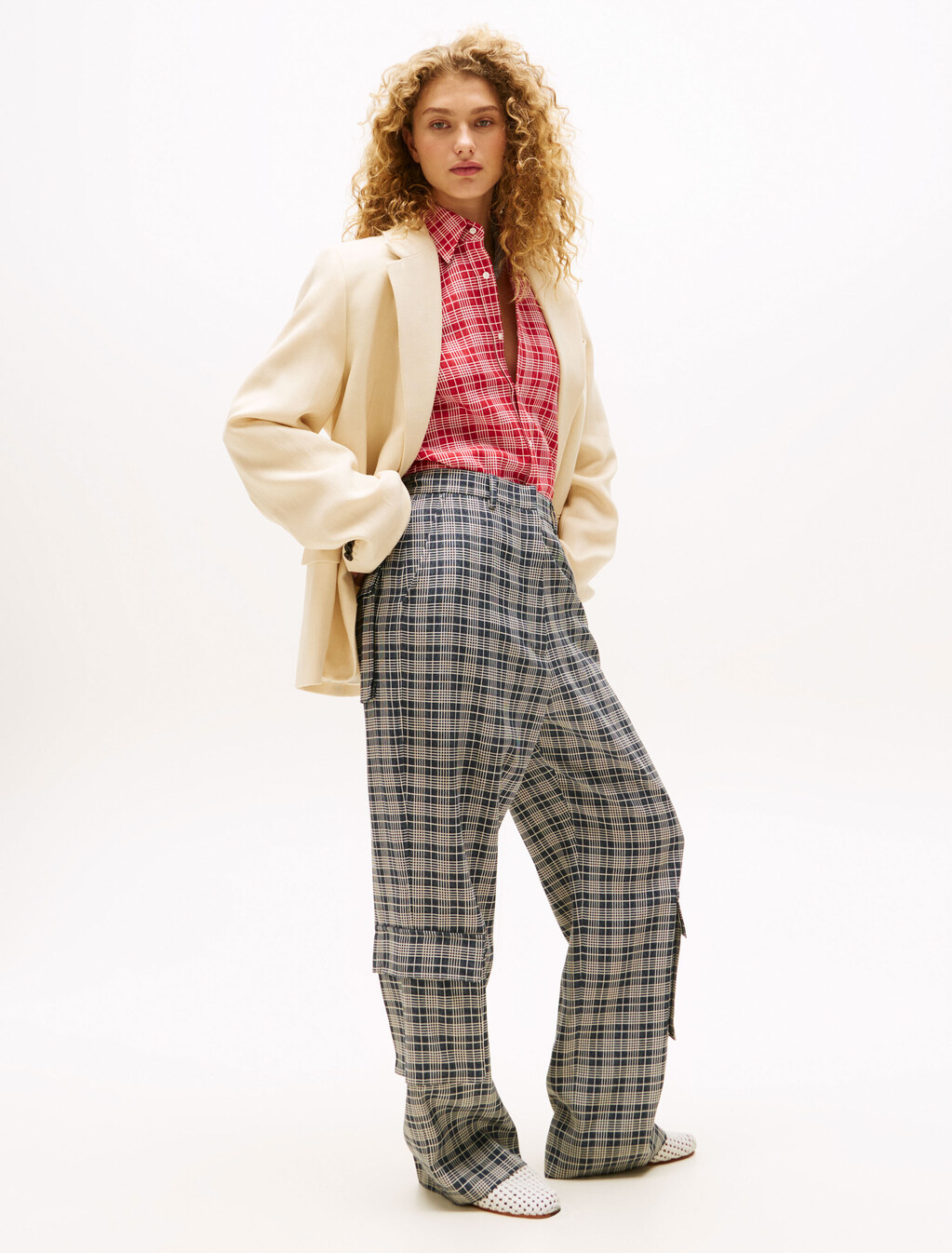 The Runway 系列超寬鬆工裝長褲, Navy Cream Check, hi-res