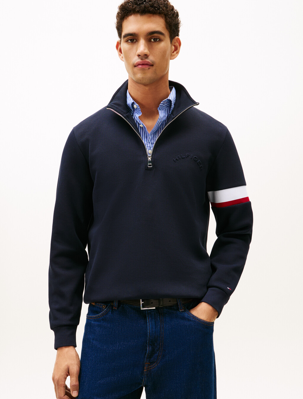 Half Zip Stripe Insert Cotton Pique Sweatshirt, Desert Sky, hi-res