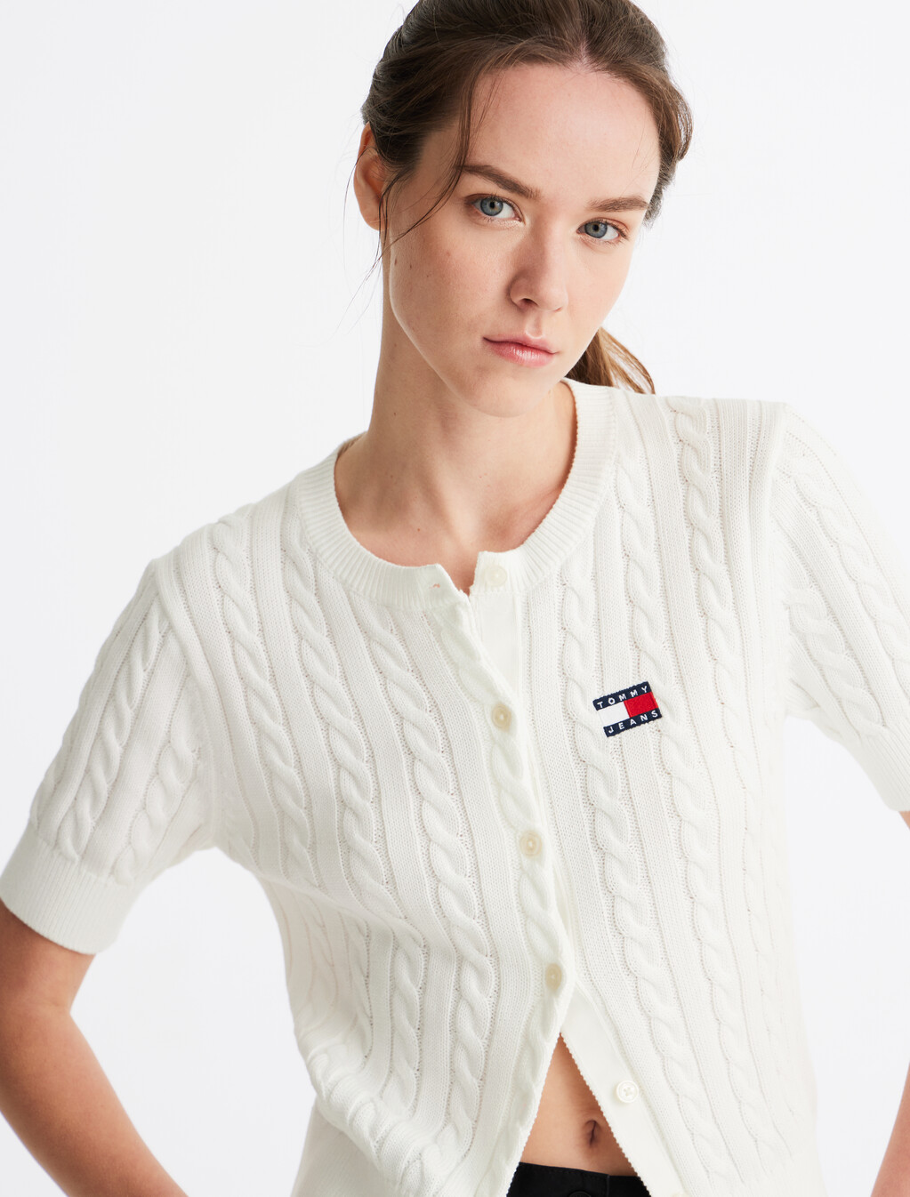 Cable Knit Short Sleeve Cardigan, Ecru, hi-res