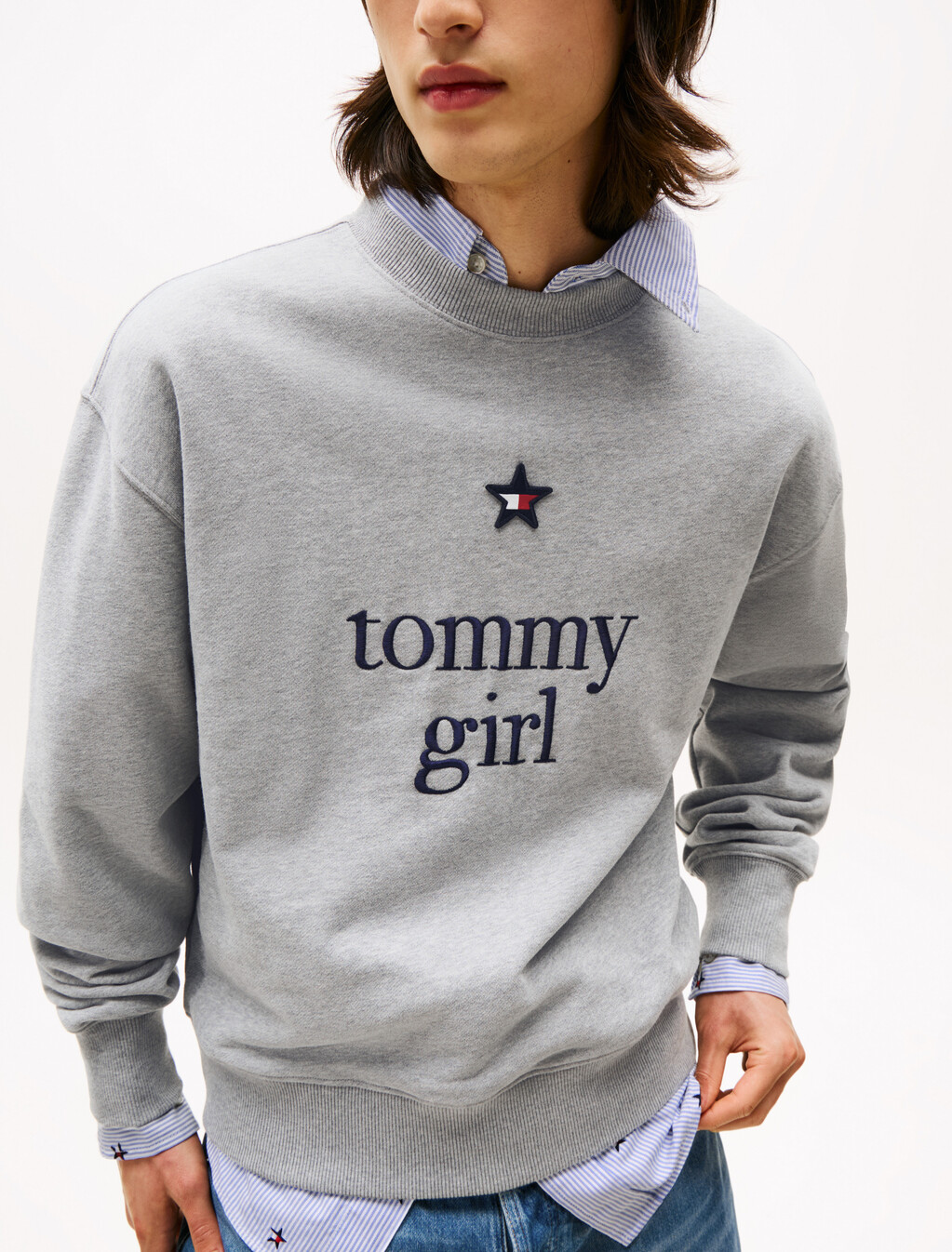 Tommy Girl 印花圖案寬鬆衛衣, Light Grey Marl, hi-res