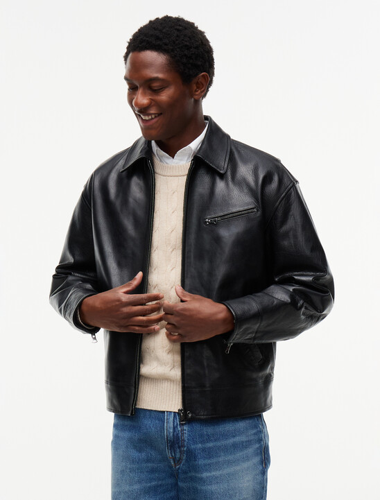 Textured Leather Relaxed Zip-Thru Jacket