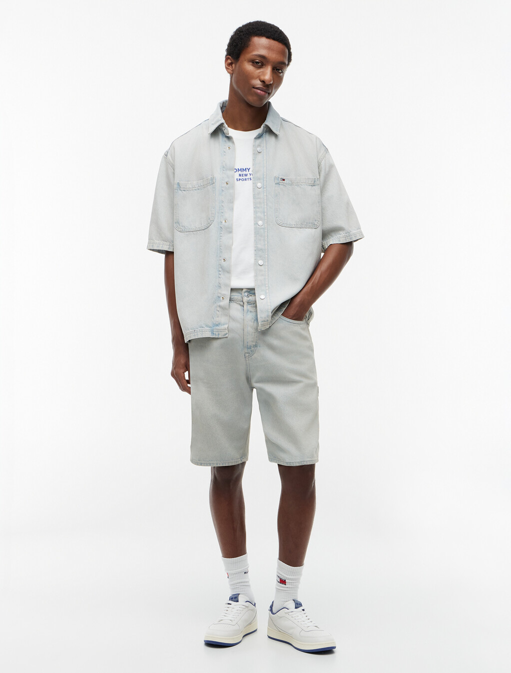 Short Sleeve Utility Denim Shirt, Denim Light, hi-res