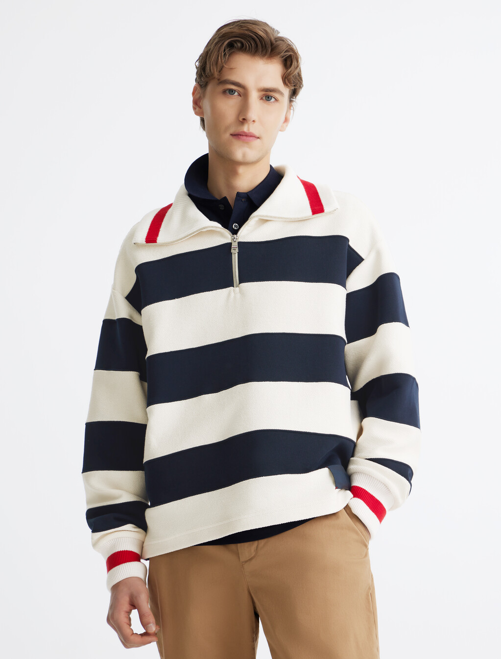 Breton Stripe Half Zip Rugby Shirt, Desert Sky/Ivory Petal, hi-res