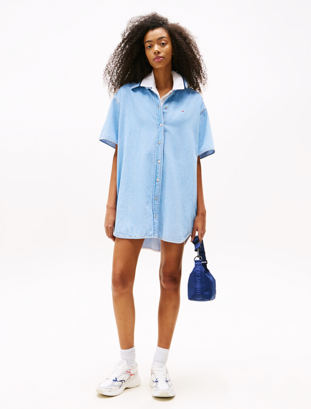 Mini Denim Short Sleeve Shirt Dress, Denim Light, hi-res