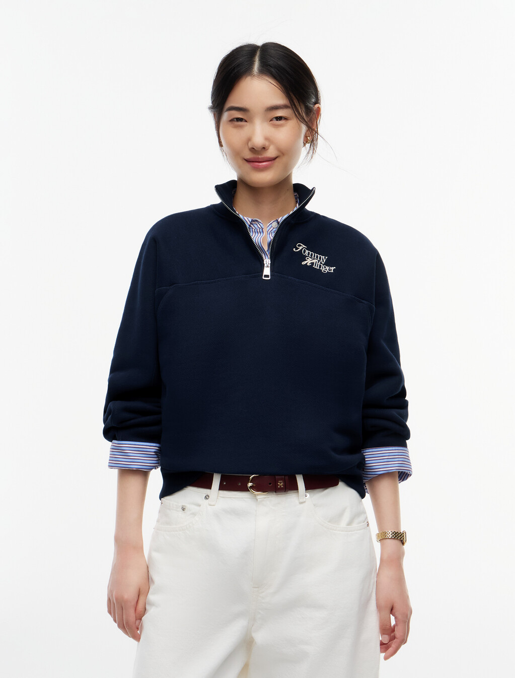 Logo Relaxed Terry Quarter-Zip Sweatshirt, Dark Blue, hi-res