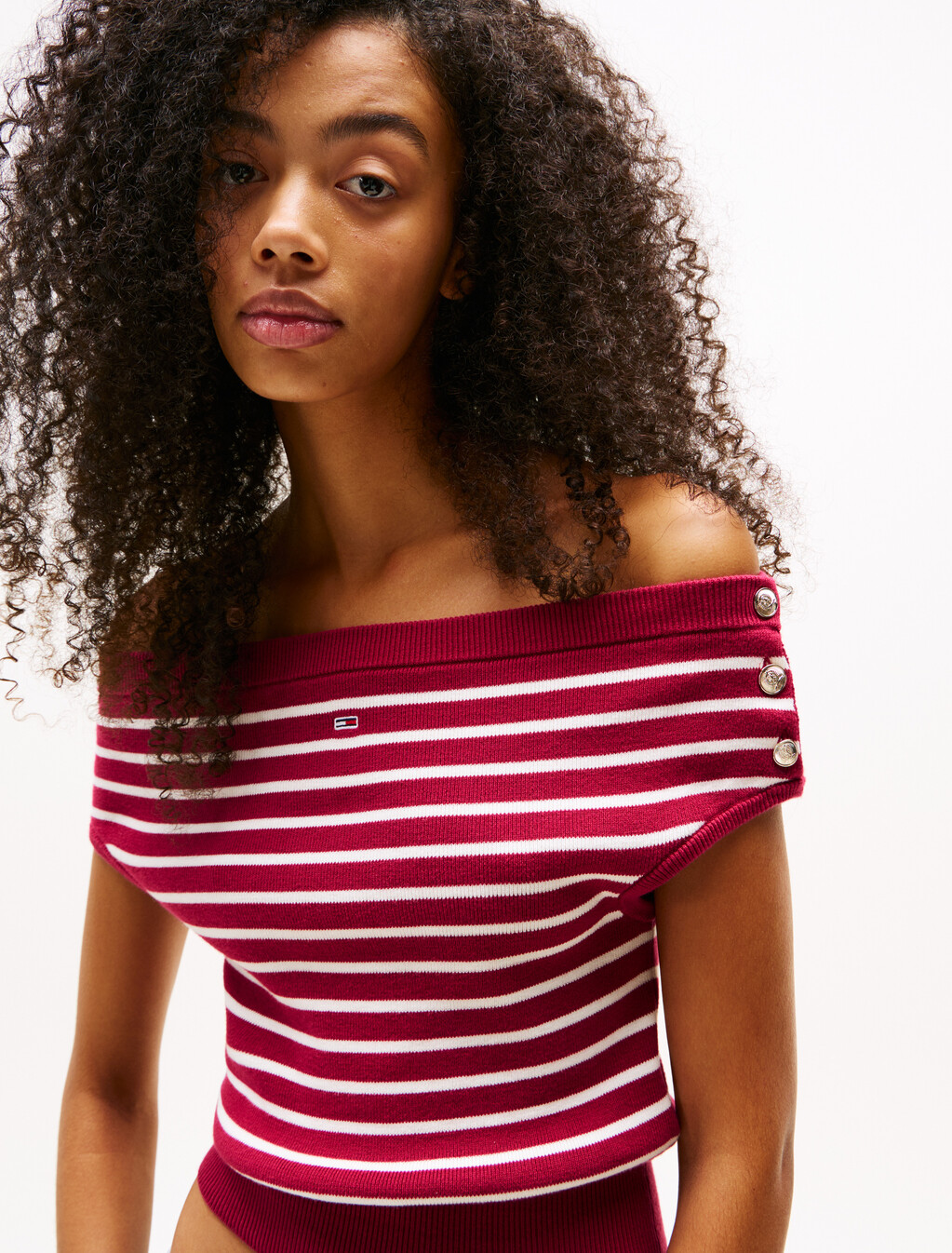 Off-The-Shoulder Cap Sleeve Jumper, Brilliant Berry / Stripe, hi-res