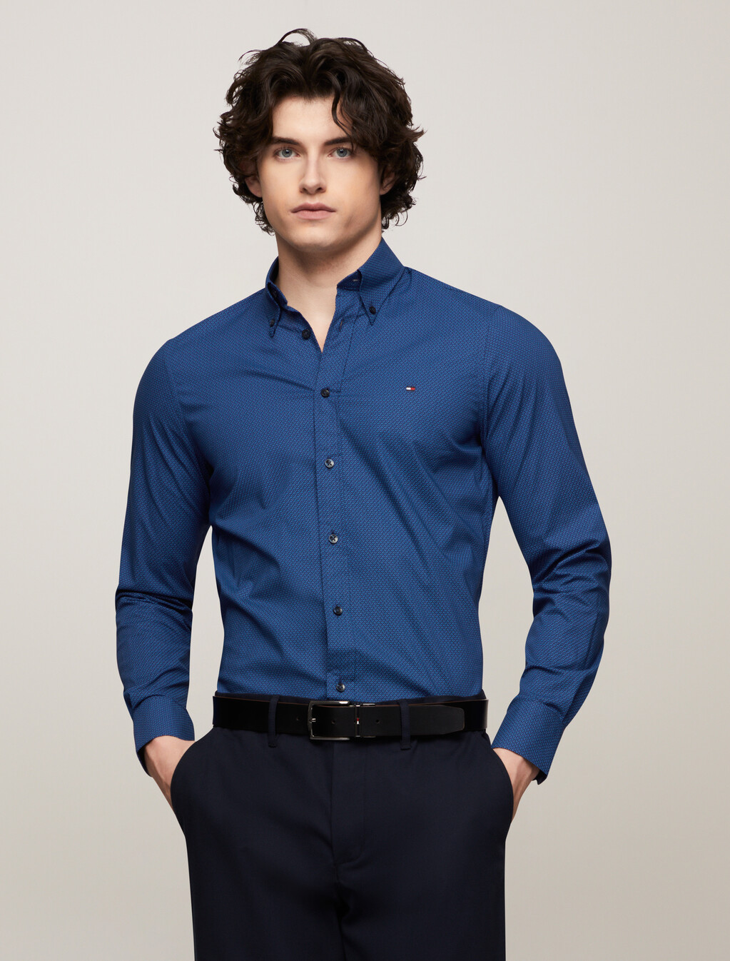 Stretch Micro Print Slim Shirt, Dark Navy / Multi, hi-res