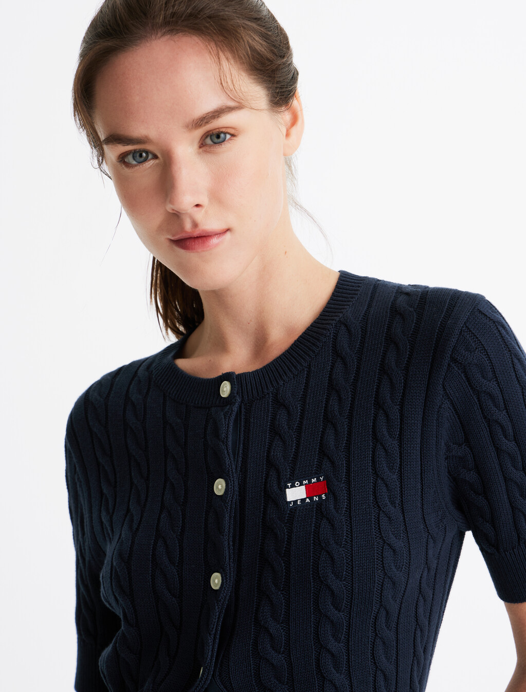 Cable Knit Short Sleeve Cardigan, Dark Night Navy, hi-res