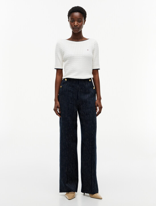 Pinstripe Gold-Tone Button Wide Leg Trousers With Linen