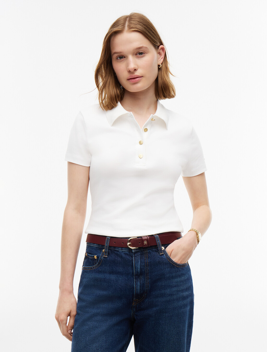 Slim Fit Gold-Tone Button Polo Shirt, Ecru, hi-res