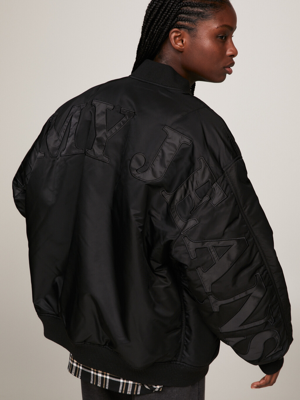 Tonal Appliqué Padded Oversized Bomber Jacket, Black, hi-res