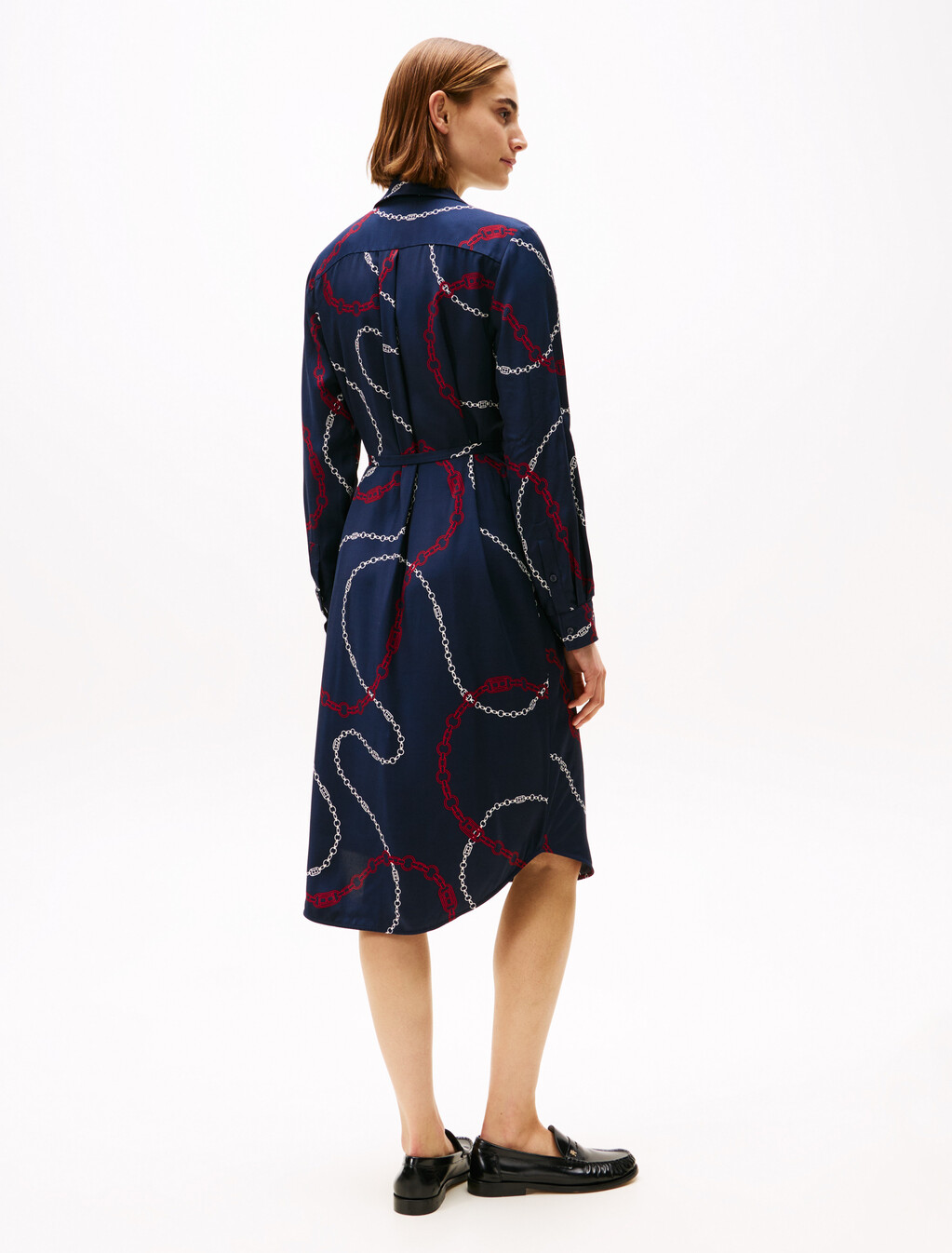 Viscose Shirt Dress, Flag Chain Wave/ Navy, hi-res