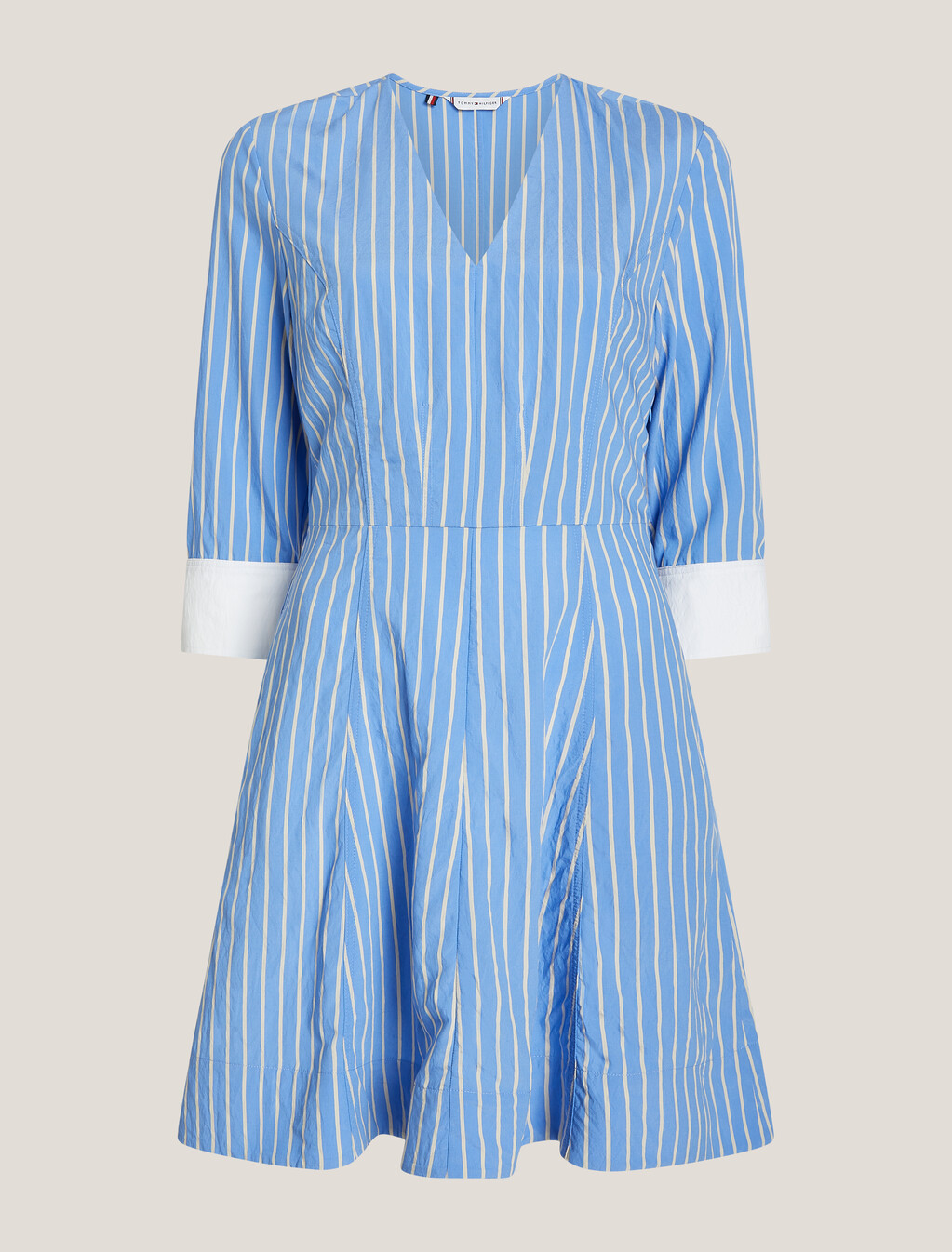 條紋圖案合身喇叭連身裙, Stripe/ Vessel Blue, hi-res