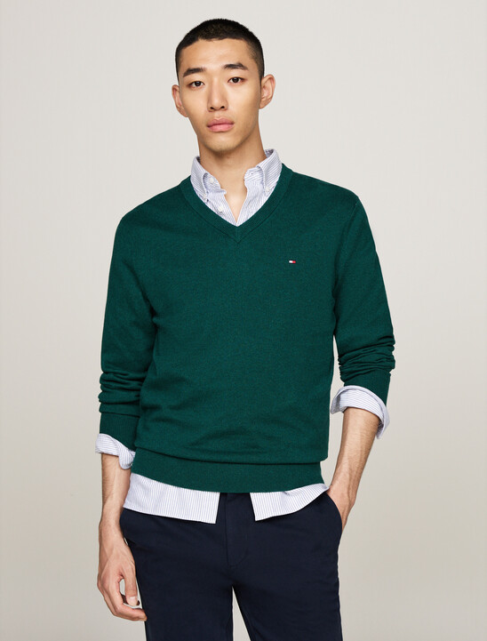 Cotton Cashmere V-Neck Jumper, Ornamental Green Heather Cotton Cashmere V-Neck Jumper