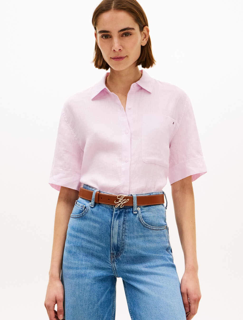Relaxed Fit Pure Linen Short Sleeve Shirt, Lilac Powder, hi-res