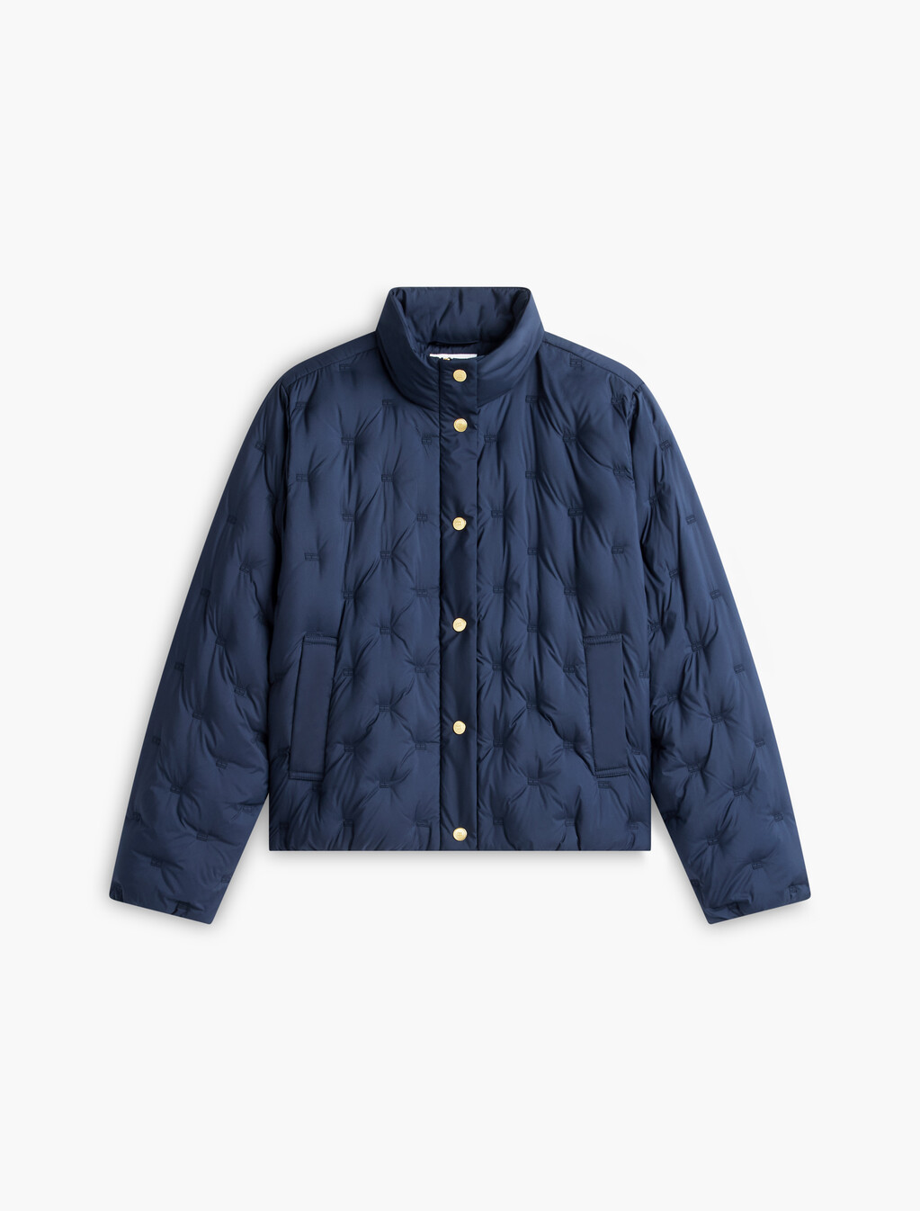 金色鈕扣旗幟羽絨絎縫外套, Dark Blue, hi-res