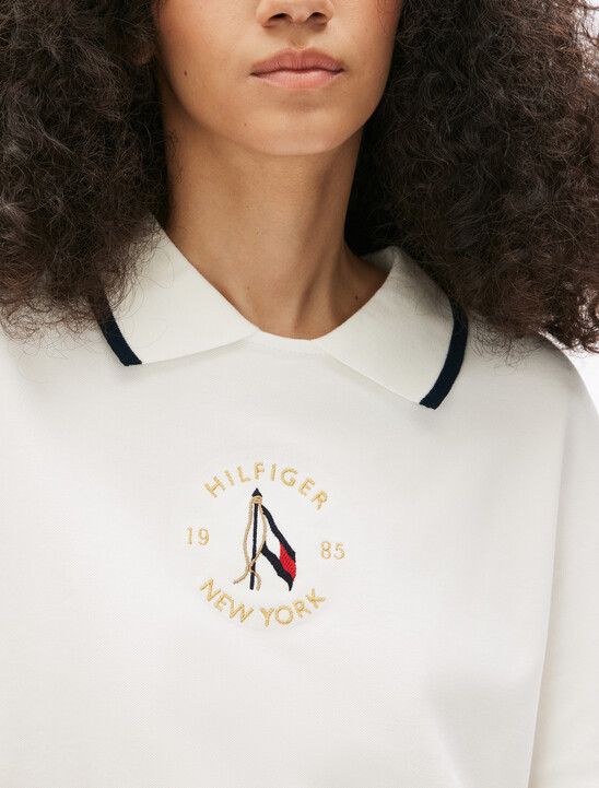 Motion Flag Embroidery Crewneck Polo, Ecru Motion Flag Embroidery Crewneck Polo