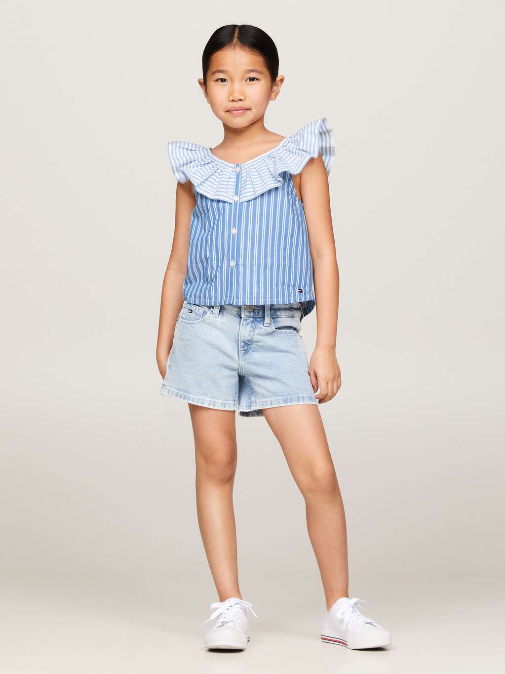 Mixed Stripe Frill Neckline Cropped Top, Blue Spell Stripe / White, hi-res