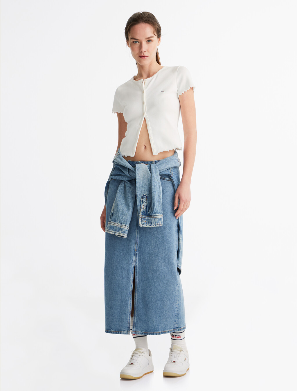 Scallop Trim Rib Knit Top, Ecru, hi-res