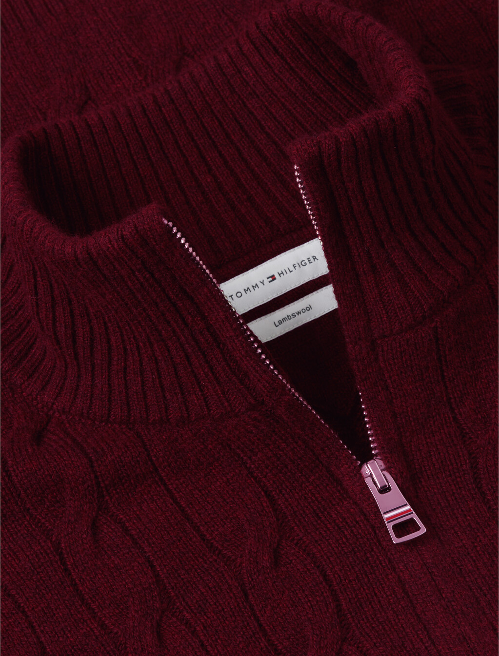 Pure Lambswool Cable Knit Quarter-Zip Jumper, Burgundy Heather, hi-res