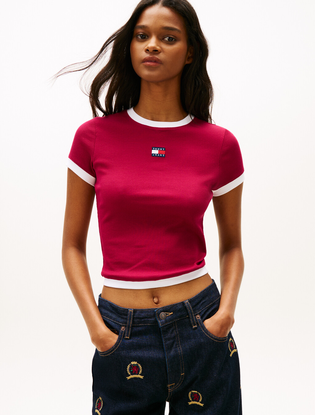 Tommy Badge Ribbed Slim T-Shirt, Lavish Cerise, hi-res
