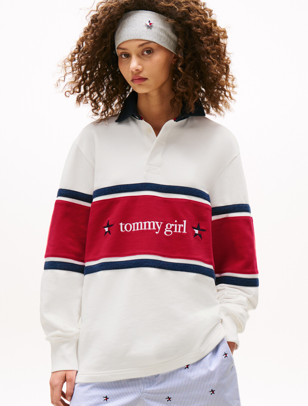 Tommy Girl 後背標誌寬鬆條紋橄欖球衫, Ecru, hi-res
