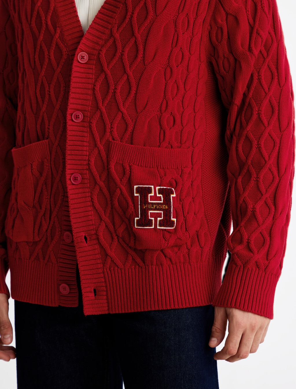 Cable Knit Letterman Applique Cardigan, Arizona Red, hi-res
