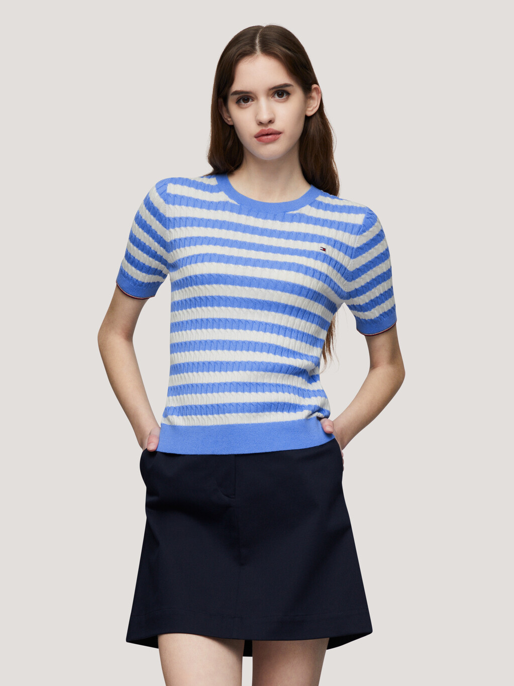 條紋修身短袖冷衫, Breton Ecru/Blue Spell, hi-res