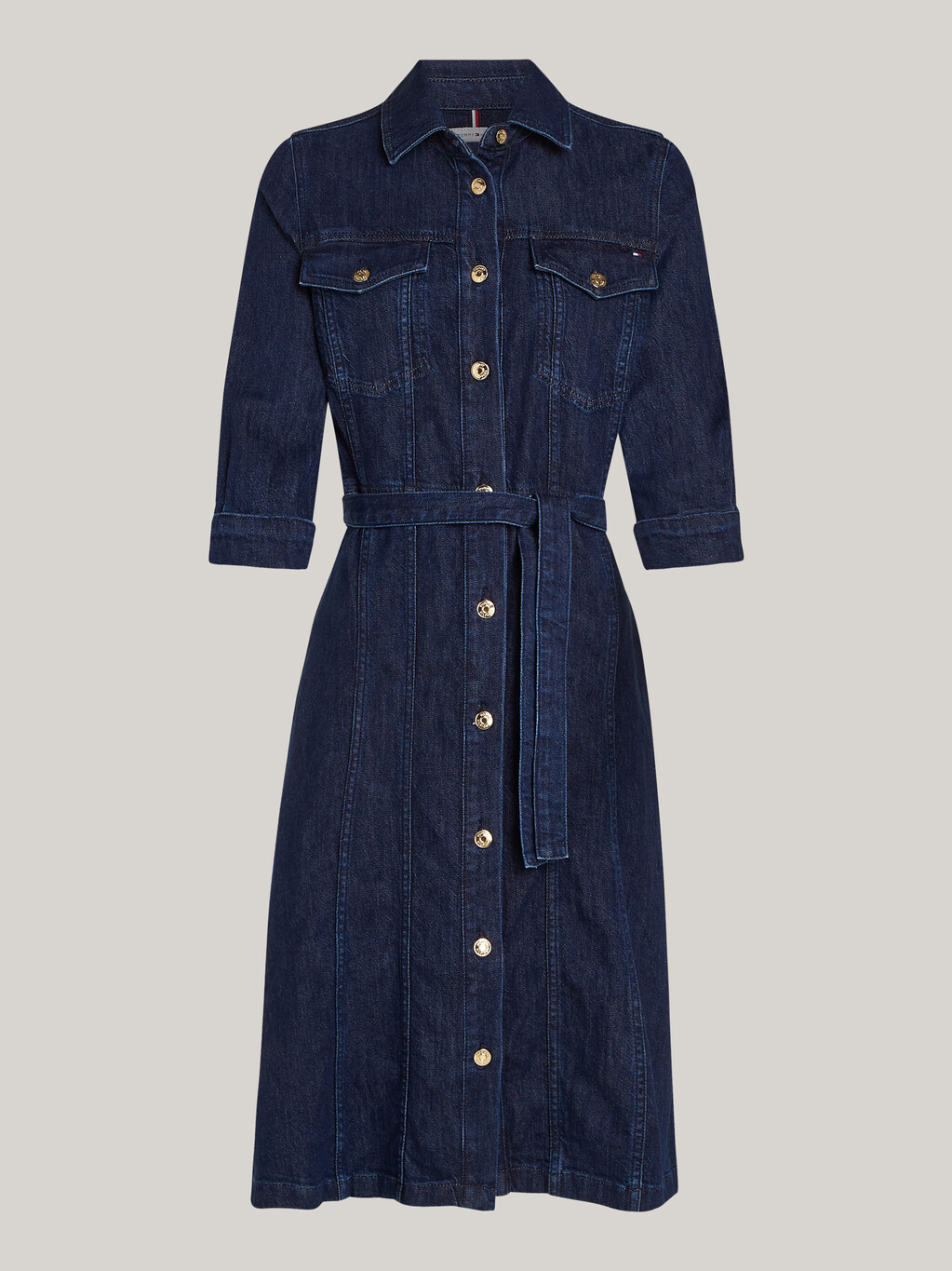 Belted Denim Midi Dress, Cler, hi-res