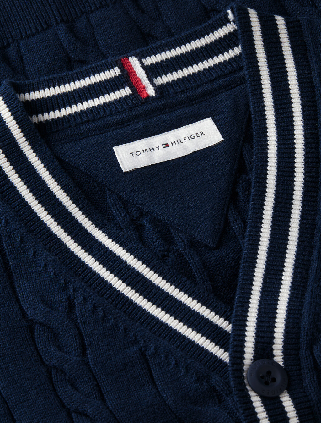 Tipped Cable Knit Polo Cardigan, Dark Night Navy, hi-res