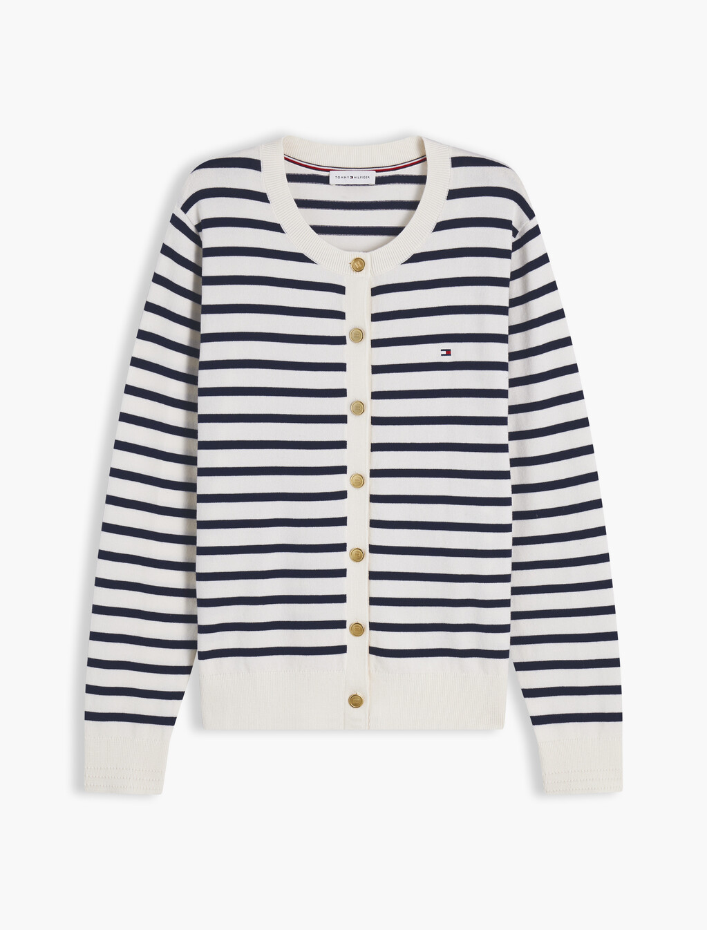Jersey Crew Neck Cardigan, Ivory Petal/ Dark N Navy Breton Stp, hi-res