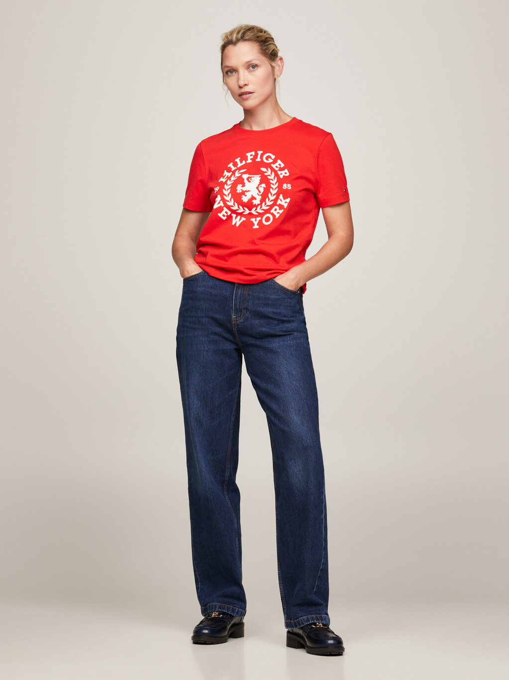 Crew Neck Crest Embroidery T-Shirt, Fierce Red, hi-res